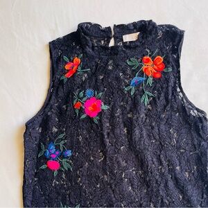 LOFT Black Floral Lace Embroidery Mock Neck Tank